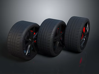 Automotive Parts Sporty Car Tires With Black Rims And Red Brake Calipers 3d model