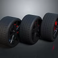 Automotive Parts Sporty Car Tires With Black Rims And Red Brake Calipers