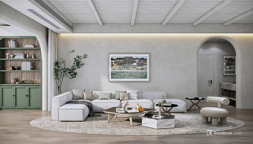 Modern Living Room Interior Design With White Sofa Decorative Painting And Wooden Coffee Table 3d model 