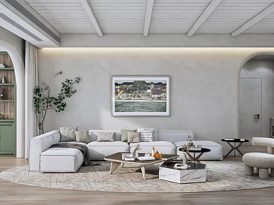 Modern Living Room Interior Design With White Sofa Decorative Painting And Wooden Coffee Table 3d model