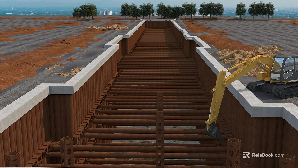 Construction Site Foundation Work In Progress With Yellow Excavator And Steel Beams 3d model 