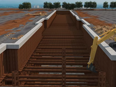Construction Site Foundation Work In Progress With Yellow Excavator And Steel Beams 3d model