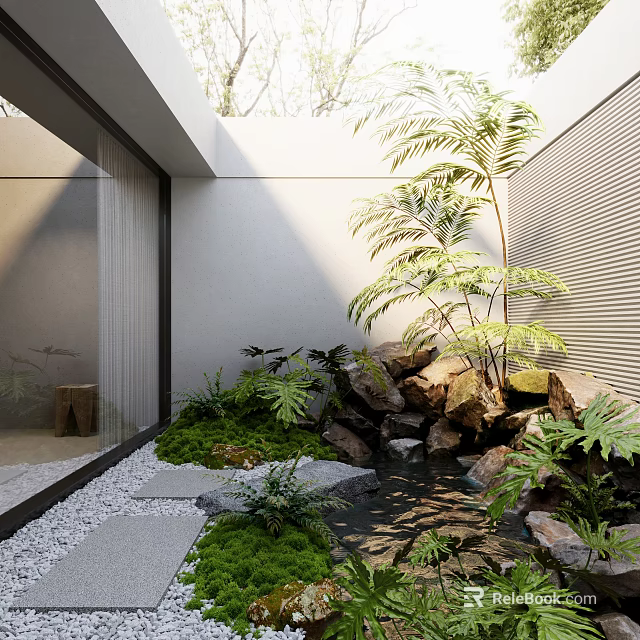 Modern Courtyard Garden Design With Glass Wall Natural Rocks Green Plants And Small Pond 3d model 