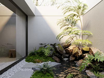 Modern Courtyard Garden Design With Glass Wall Natural Rocks Green Plants And Small Pond 3d model