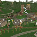 Children's Playground With Wooden Play Structures Slides Climbing Equipment And Green Lawn