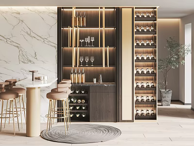 Modern Bar Interior With Wine Cabinet Wine Racks Bar Stools And Marble Wall 3d model