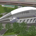 Modern Architectural Structure With Unique Curved Design White Gray Exterior And Green Lawn Trees