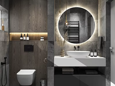Modern Bathroom Interior With Wooden Walls Round Mirror And Wall-Mounted Vanity 3d model