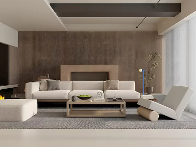 Modern Living Room Interior With Beige Sofa Coffee Table And Wooden Accent Wall 3d model