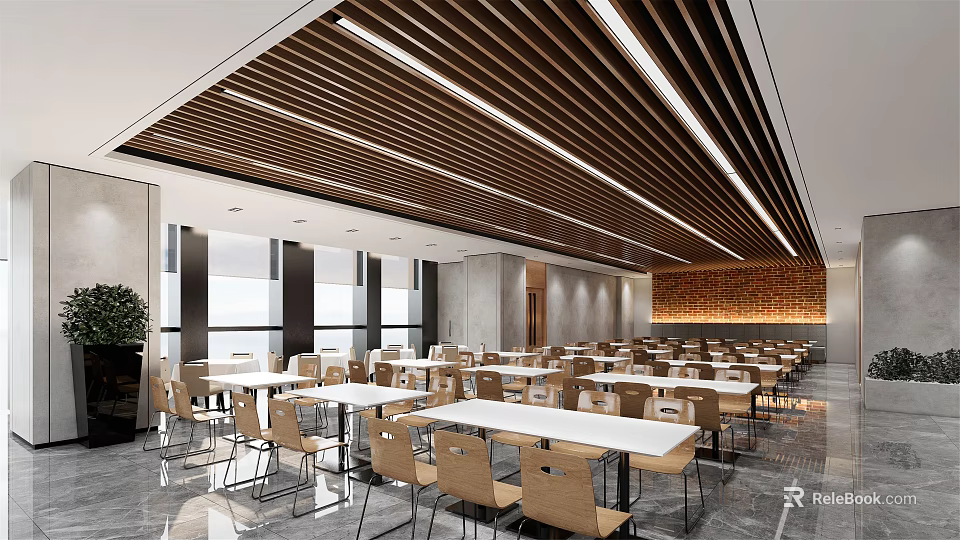 Modern Dining Hall Interior With Wooden Ceiling Tables Chairs And Brick Wall 3d model