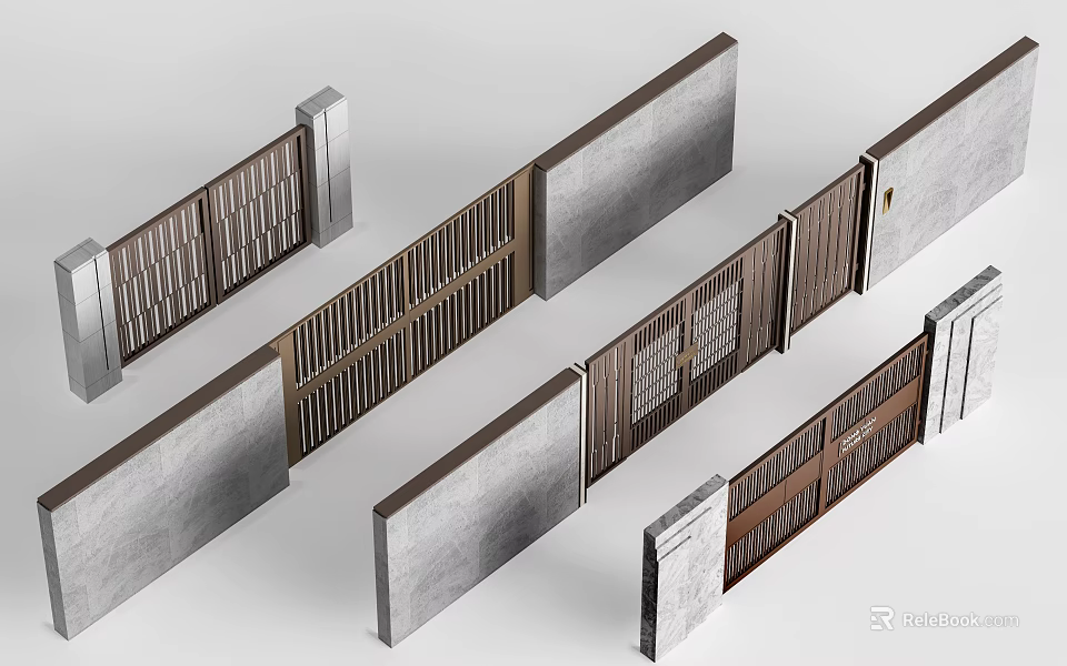 Modern Entrance Gates Design With Wooden Slats And Concrete Pillars Structure 3d model 