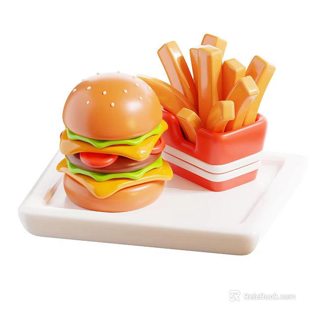 Delicious Hamburger With Fresh Vegetables And Crispy French Fries On White Tray 3d model 