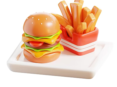 Delicious Hamburger With Fresh Vegetables And Crispy French Fries On White Tray 3d model