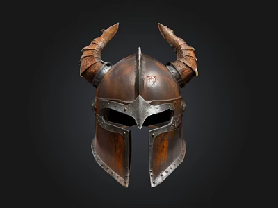 Horned Medieval Helmet With Leather Metal Accents And Decorative Design 3d model