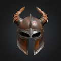 Horned Medieval Helmet With Leather Metal Accents And Decorative Design