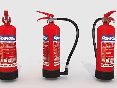 Red Powder Fire Extinguishers With Hose And Safety Labels For Fire Safety 3d model