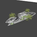 Modern Leaf Shaped Pergola with Trees Pathway and Green Lawn Area