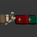 First Aid Supplies With Red Green Kits Cross Symbol Medicine Bottles Thermometer And Brown Pouch