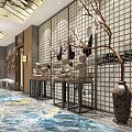 Elevator Hallway Interior With Marble Walls Chandeliers Framed Artworks And Patterned Carpet 3d model