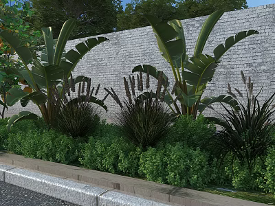 Garden Landscape With Brick Wall Banana Leaf Plants Grasses And Green Bushes 3d model