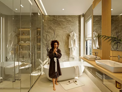 Modern Bathroom Interior Design With Glass Shower Free Standing Bathtub Wooden Vanity And Stone Wall 3d model