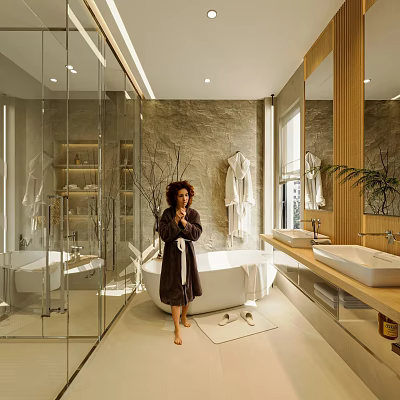 Modern Bathroom Interior Design With Glass Shower Free Standing Bathtub Wooden Vanity And Stone Wall 3d model