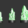 Three Green Crystal Like Decorative Pieces On Black Reflective Bases