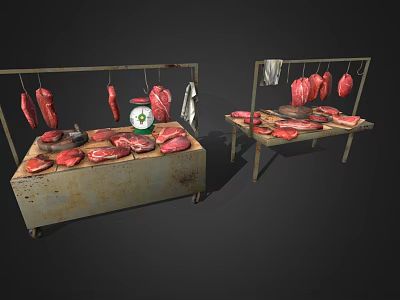Raw Meat Display On Metal Stands With Hanging Pieces And Scale 3d model