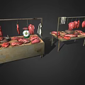 Raw Meat Display On Metal Stands With Hanging Pieces And Scale