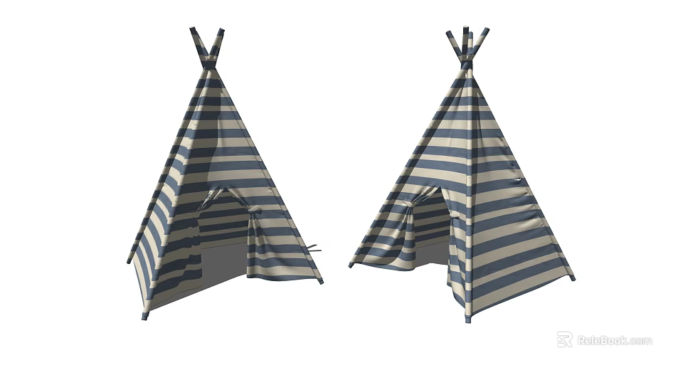 Two Blue And White Striped Teepee Tents With Open Entrance Design 3d model 