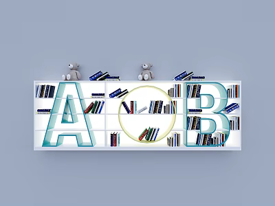 Creative Bookcase with Alphabet A B Decor Books Circular Design and Gray Bear Figurines 3d model