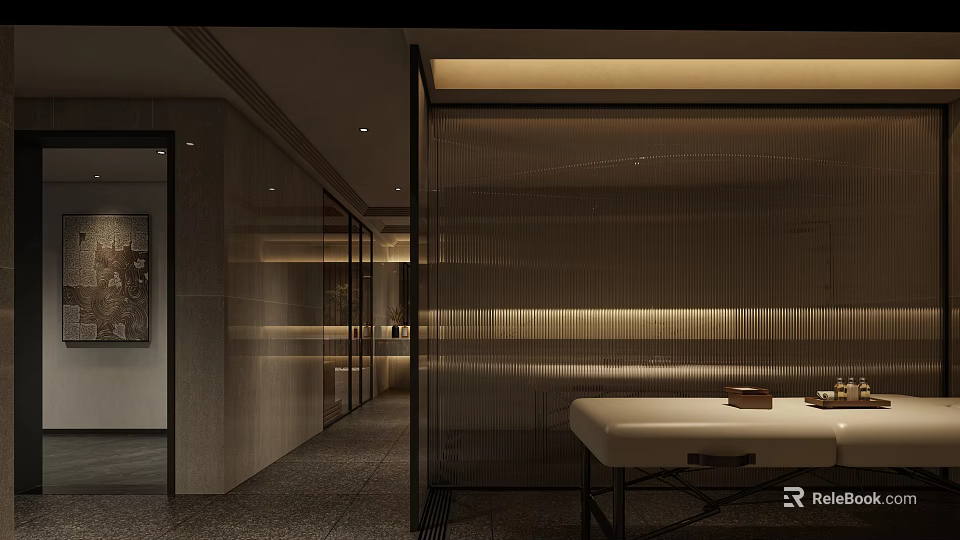 Minimalist Beauty Salon Interior With Massage Table Warm Lighting And Glass Partition 3d model 