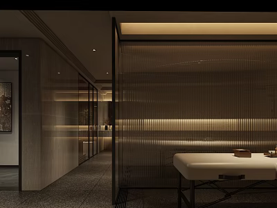 Minimalist Beauty Salon Interior With Massage Table Warm Lighting And Glass Partition 3d model