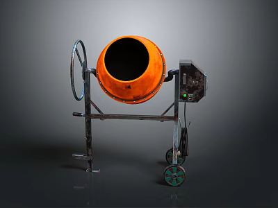 Orange Industrial Concrete Mixer With Wheeled Stand Open Drum And Control Panel 3d model