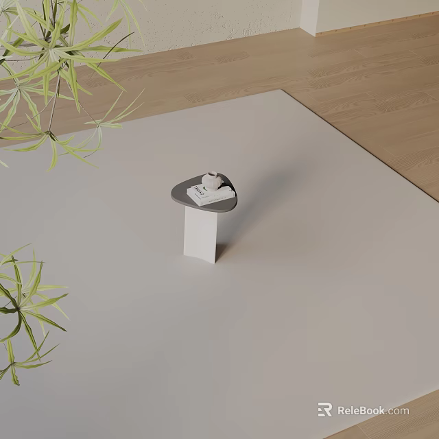 Minimalist Side Table With Simple Design Placed On White Carpet Near Green Leaves 3d model 