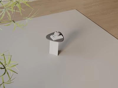 Minimalist Side Table With Simple Design Placed On White Carpet Near Green Leaves 3d model