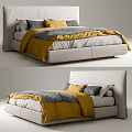 Modern Double Bed With Upholstered Headboard Yellow Gray Bedding And Pillows 3d model