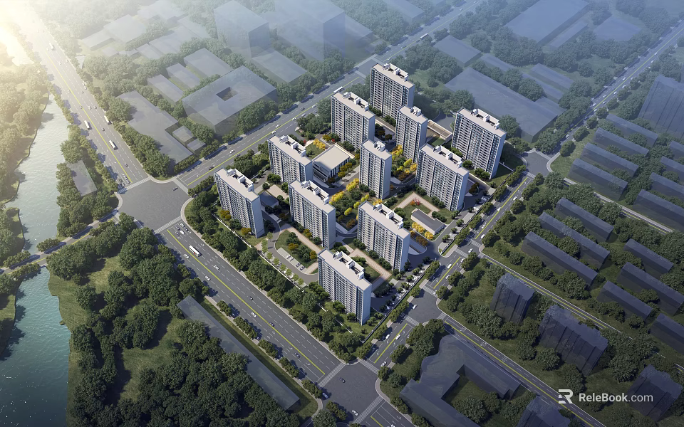 Aerial Planning of Urban Residential Complex with High Rise Buildings Greenery and Road Networks 3d model 