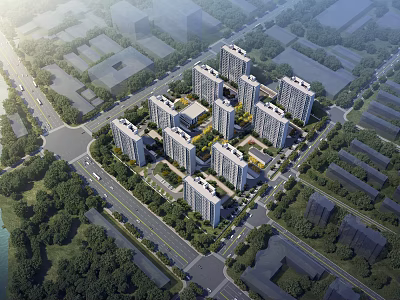 Aerial Planning of Urban Residential Complex with High Rise Buildings Greenery and Road Networks 3d model