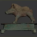 Decorative Bronze Boar Statue With Intricate Details On Greenish Patina Plinth