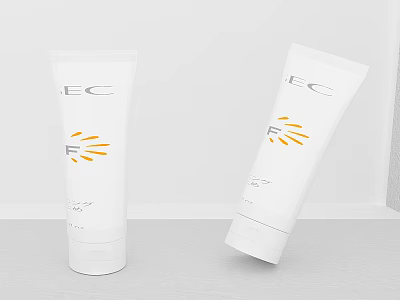 White Tube Skincare Products Featuring EC R Logo And Orange Sun Ray Pattern 3d model