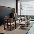Chinese Style Wooden Tea Table And Chairs Interior With Tea Set Green Plant And Cushions