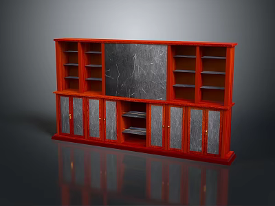 Red Wooden Bookcase Design With Central Marble Panel Cabinet Doors Below Open Shelves Above 3d model