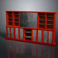 Red Wooden Bookcase Design With Central Marble Panel Cabinet Doors Below Open Shelves Above