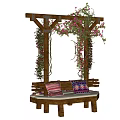 Wooden Pergola with Climbing Vines and Pink Flowers Over Garden Bench with Colorful Pillows