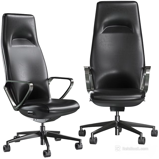 Modern Black Leather Office Chairs With Metal Armrests And Wheeled Base 3d model 