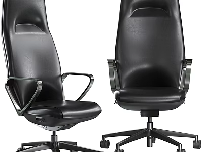 Modern Black Leather Office Chairs With Metal Armrests And Wheeled Base 3d model