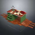 Green Dining Table With Drawers Displaying Fan Red Telephone Papers Coffee Cup On Wooden Floor