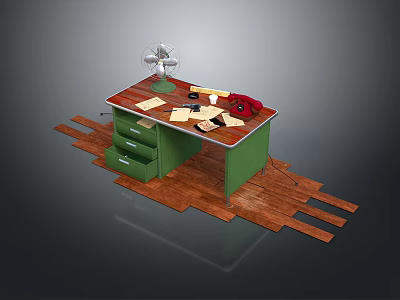 Green Dining Table With Drawers Displaying Fan Red Telephone Papers Coffee Cup On Wooden Floor 3d model