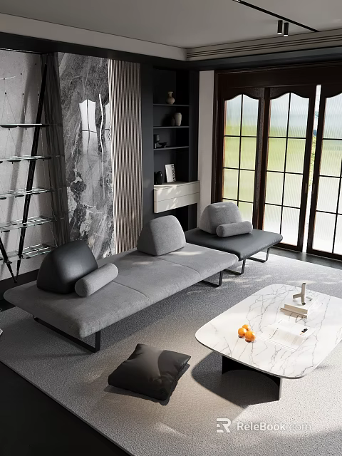 Modern Living Room Interior With Gray Sofa Marble Coffee Table And Large Windows 3d model 